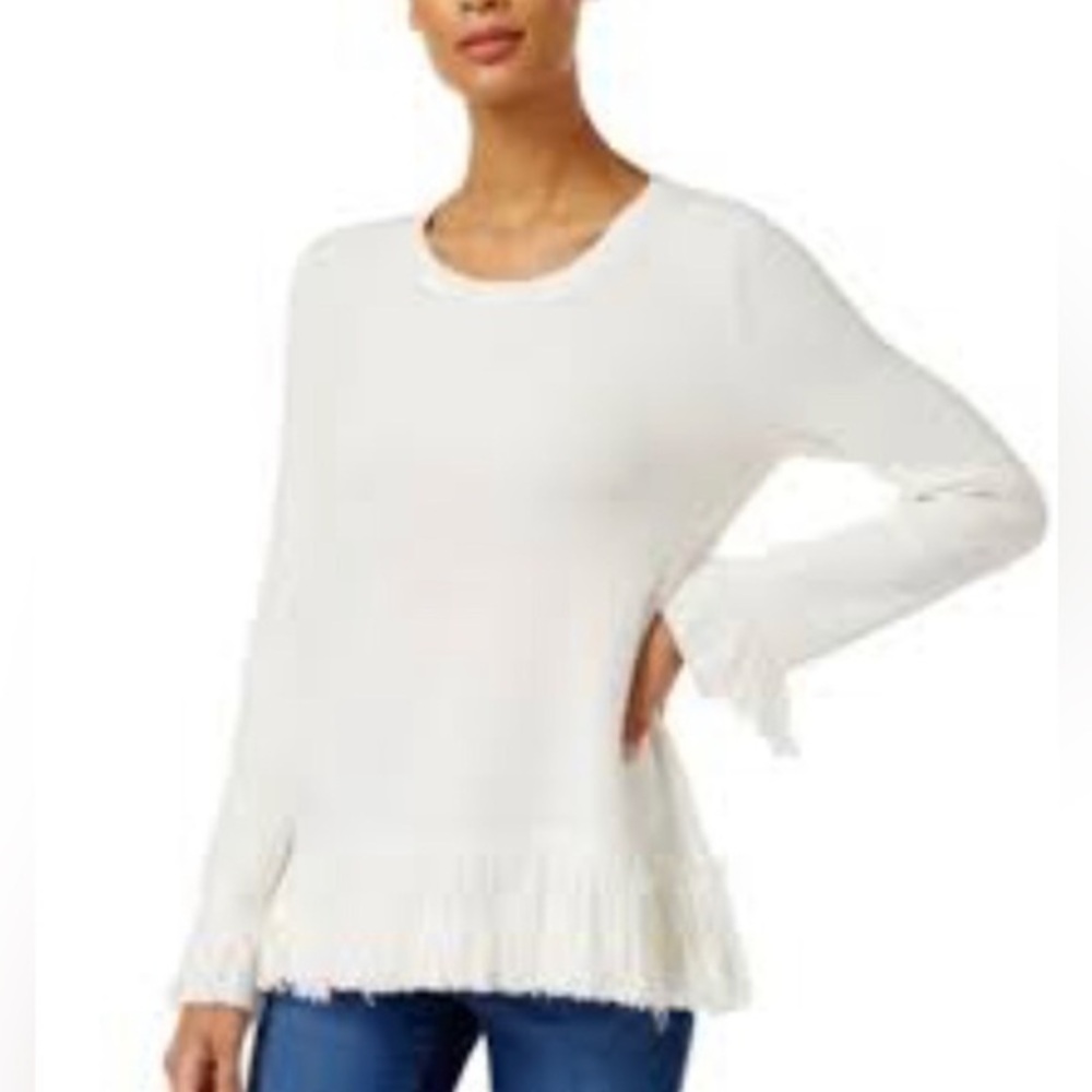 Style & Co. X-Large white classic bohemian sweater w/ fringe on the cuff and hem